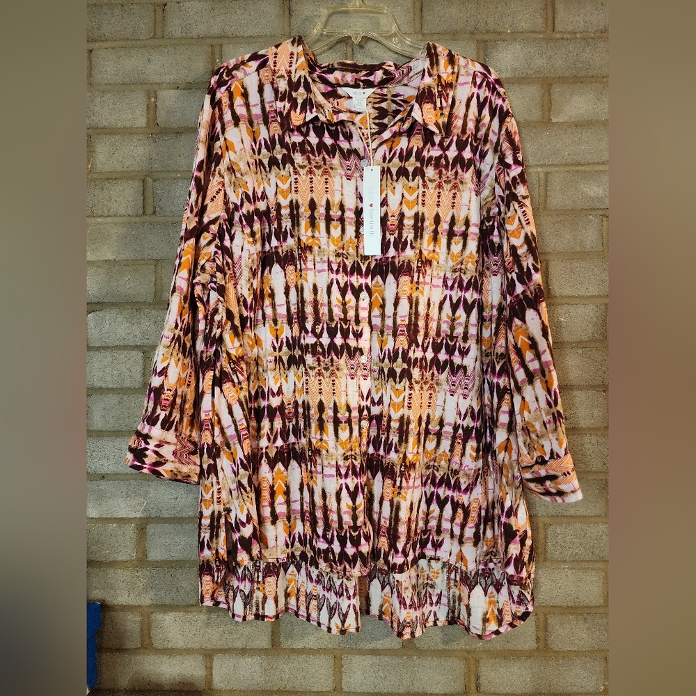 Nwt Intro Linen Blend Vibrant Long Sleeve Dress - Pink, Orange, Brown